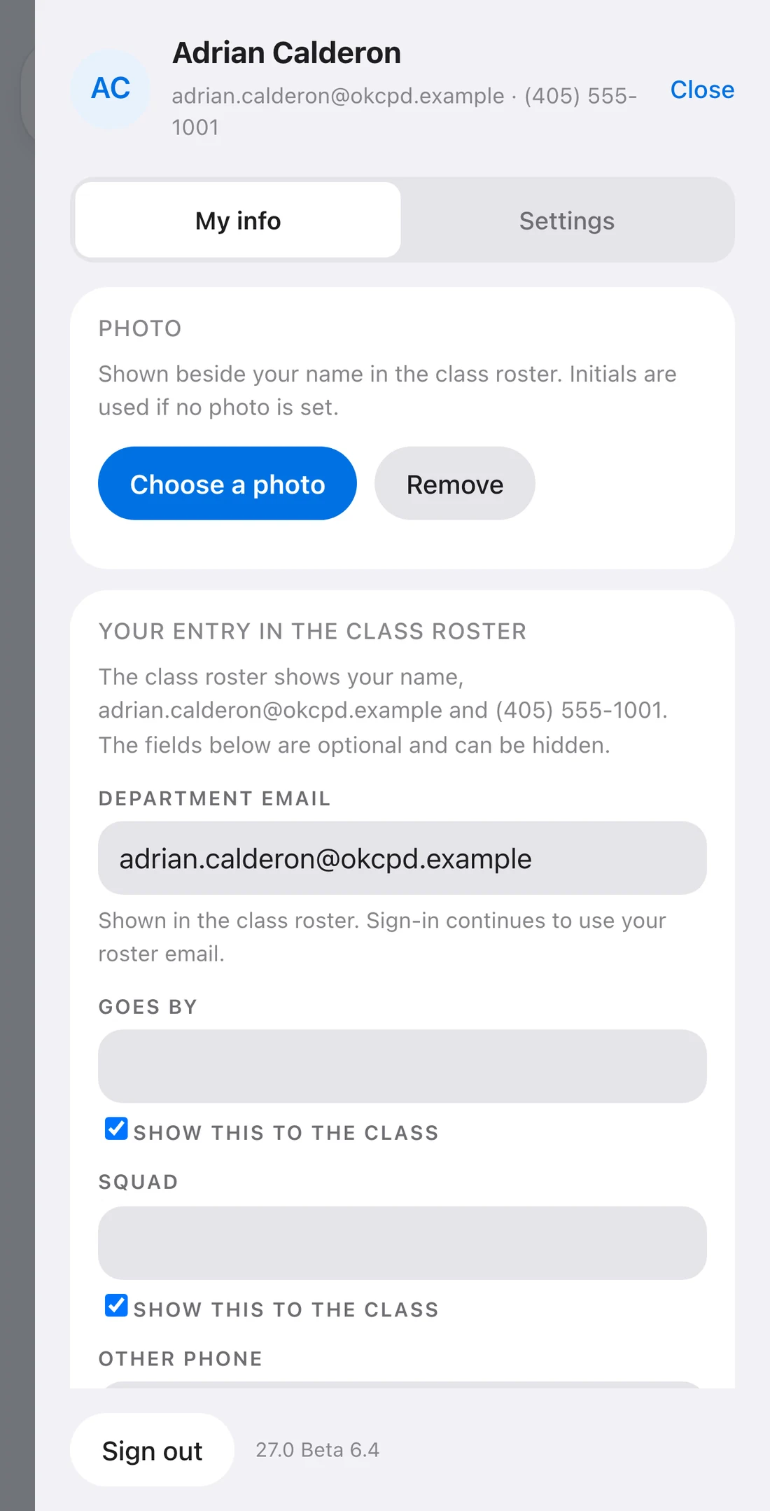 The account panel, My info