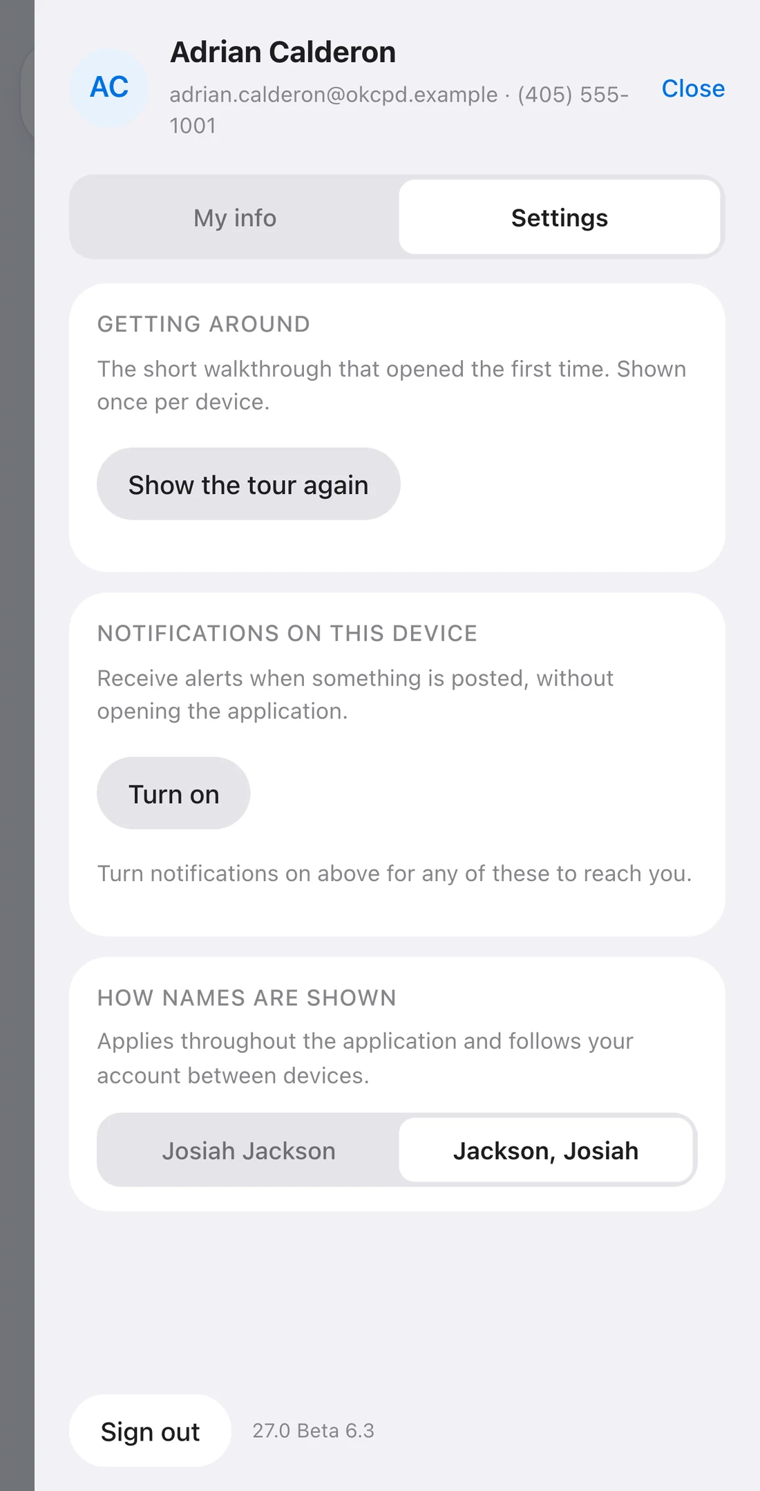 Settings in the account panel, showing Notifications on this device with a Turn on button